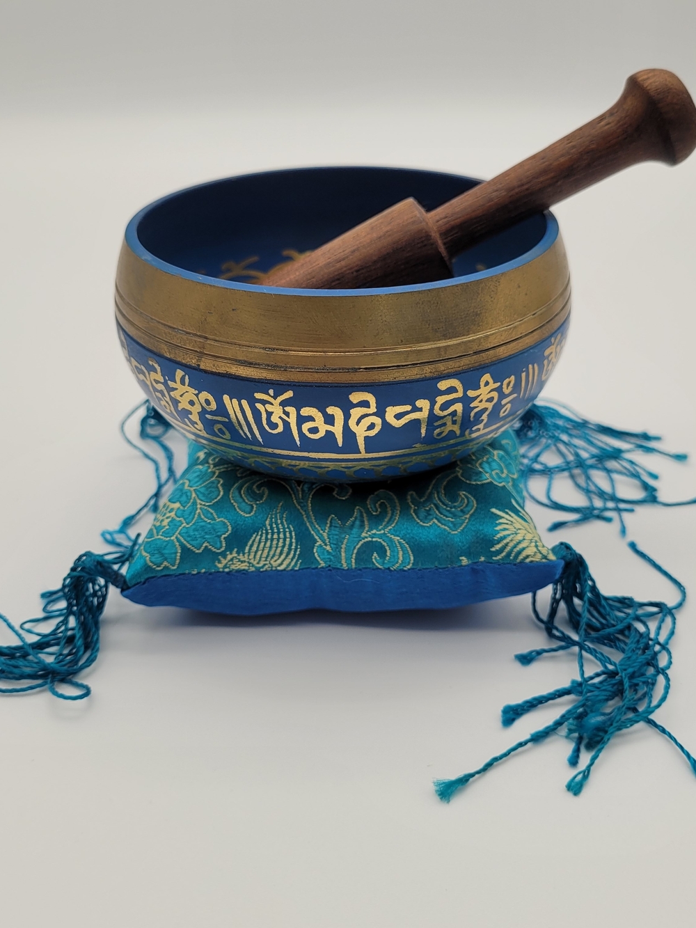 Blue and Gold Tibetan Singing Bowl with Wooden Mallet